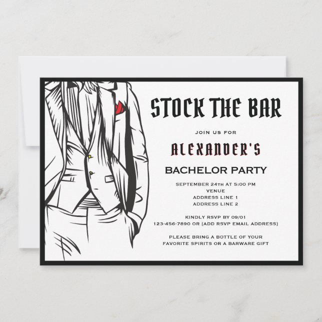 Die Bar Modern Black Tuxedo Bachelor Party Einladung (Vorderseite)