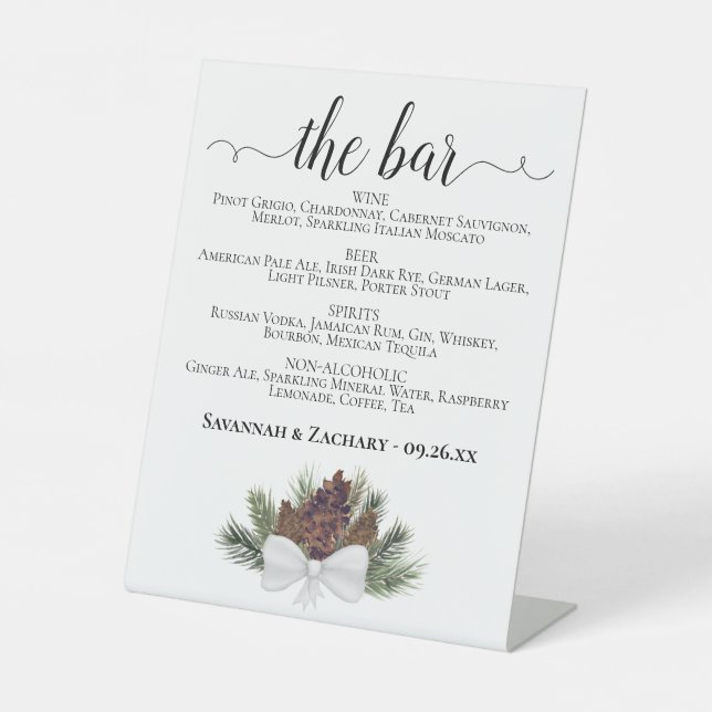 Die Bar - Rustikale Pinecones Drinks Menü Hochzeit Sockelschild (Vorderseite)