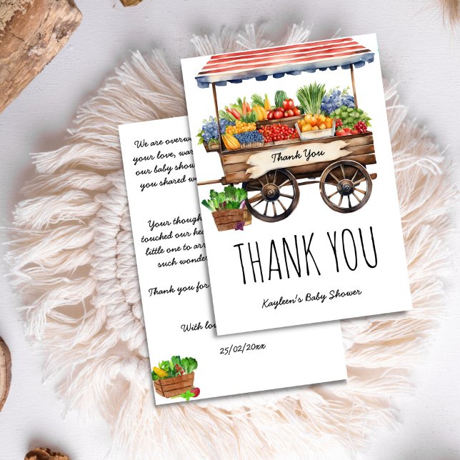 Die Bauer in der Umgebung verkaufen Babydusche Dankeskarte (Locally grown farmers market baby shower thank you card vintage farm stall cart with vegetablies)