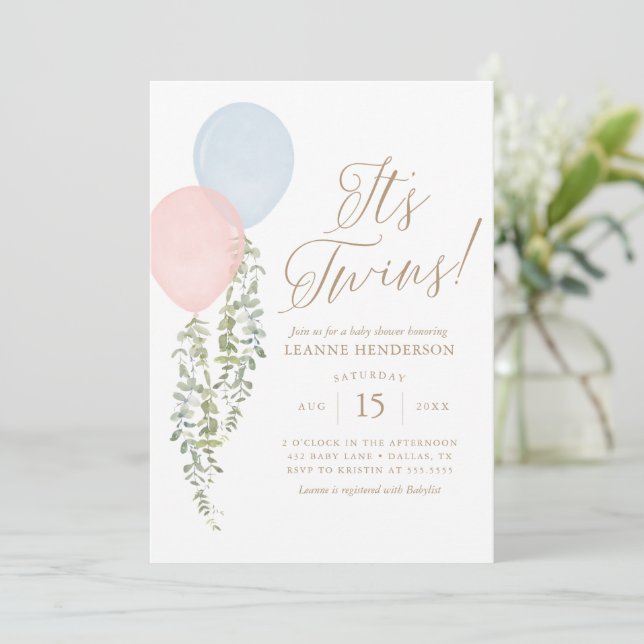 Die beiden Pink Blue Balloon Eucalyptus Baby Dusch Einladung (Stehend Vorderseite)