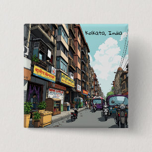 Die belebte Straße im Zentrum von Kalkutta, Indien Button