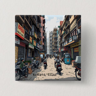 Die belebte Straße im Zentrum von Kalkutta, Indien Button