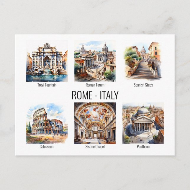 Die beliebtesten Touristenattraktionen Rom Aquarel Postkarte (Vorderseite)