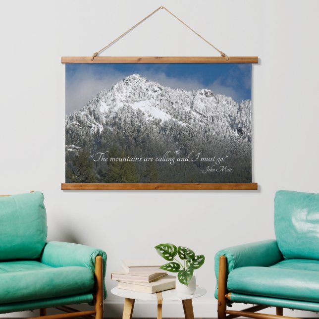 Die Berge nennen Zitat Snowy Mountains Wandteppich Mit Holzrahmen (Wohnzimmer)
