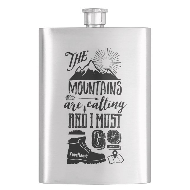 Die Berge rufen und ich muss Typografie machen Flachmann (Vorderseite)