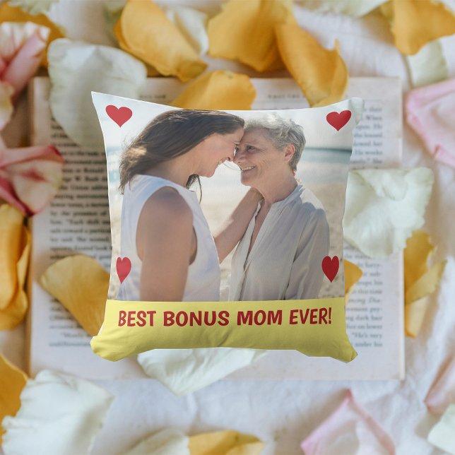 Die beste Bonus-Mama für jedes Foto Herzenslust Mu Kissen (Best Bonus Mom EVER! Hearts on Personalized Photo. Modern Mother's Day gift for Stepmom / Second Mom)