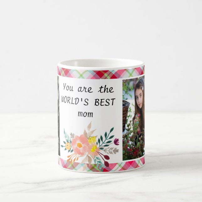 Die beste Mama 2 Foto-rosa karierte Blumenwelt Kaffeetasse (Mittel)