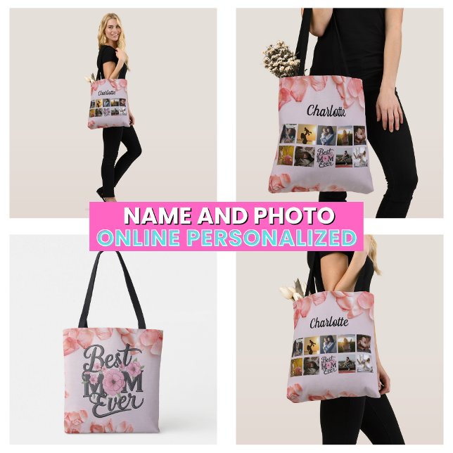 Die beste Mama aller Zeiten für Foto Collage Scrip Tasche (Floral Mother's Photo Collage Script Best Mom Ever Tote Bag)