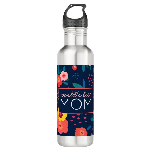 Die beste Mama der Welt Moderne Blumen in Blau Edelstahlflasche (Vorderseite)