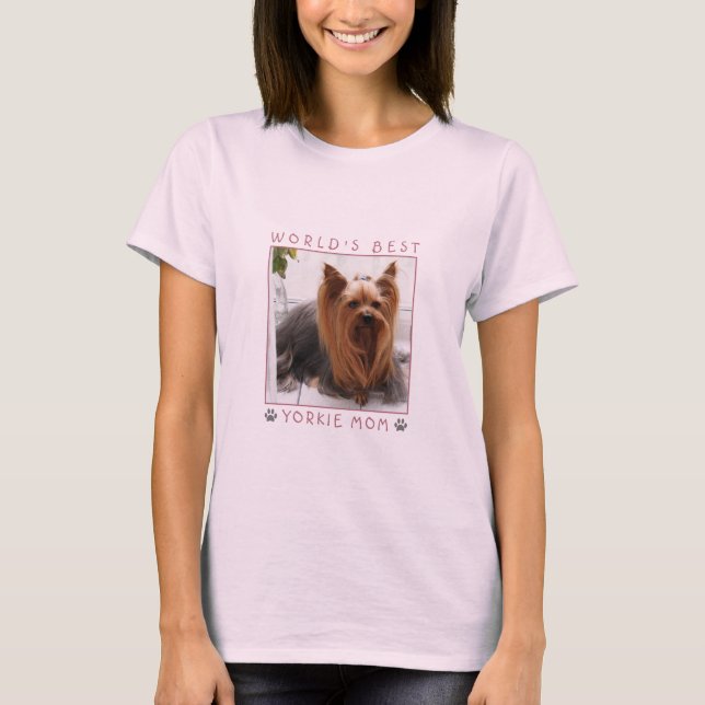 Die beste Yorkie-Mama der Welt Rosa Grau Paw Print T-Shirt (Vorderseite)