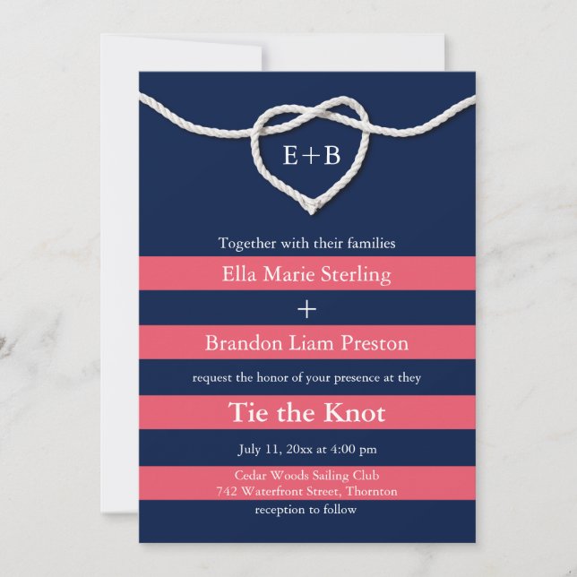 Die Bindung der Knot Coral & Navy Hochzeitseinladu Einladung (Vorderseite)