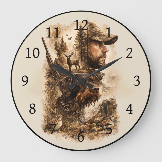 Die Bindung des Jägers – Deutsch Drahthaar Große Wanduhr (Vorderseite)