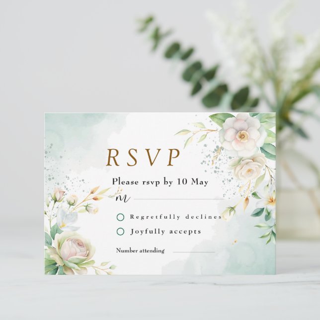 Die Blätter der weißen Blumen- und Grünanlage der  RSVP Karte (Stehend Vorderseite)