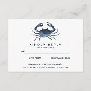 Die blaue Krabbe Hochzeitsrabatt mit Essenswahl RSVP Karte