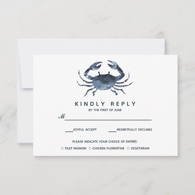 Die blaue Krabbe | Hochzeitsrabatt mit Essenswahl RSVP Karte (Vorderseite)