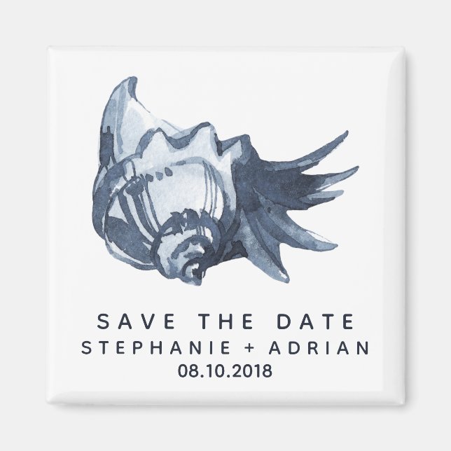 Die blaue Seashell | Hochzeit Save the Date Favor Magnet (Vorne)