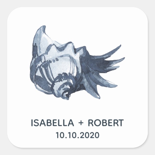 Die blaue Seashell | Hochzeitsmonogramm Quadratischer Aufkleber (Vorderseite)
