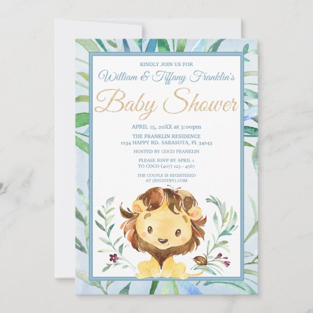 Die Blue Baby Dusche von Watercolor Lion Boy Einladung (Vorderseite)