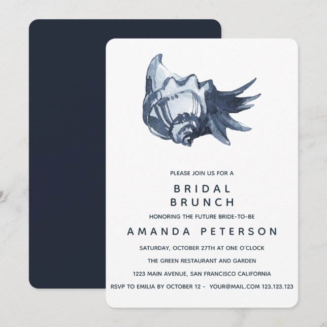 Die Blue Seashell Bridal Brunch Wedding Einladung (Vorne/Hinten)