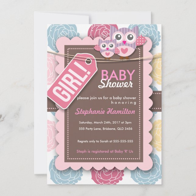 Die Blume ist farbig und mit einer Babydusche ausg Einladung (Vorderseite)