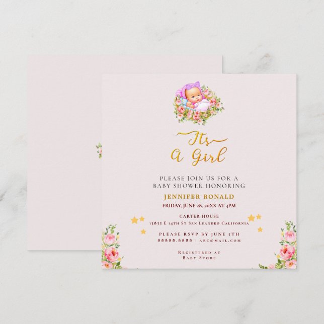 Die Blume Rosa und Gold ist ein Thema für Mädchen. Einladung (Vorne/Hinten)