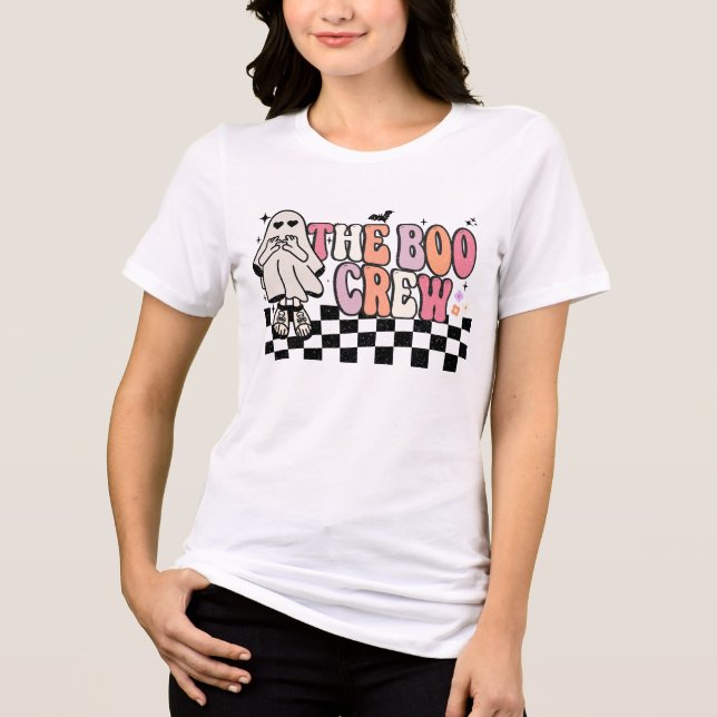 Die Boo-Crew Niedlich Groovy Retro Ghost Halloween Tri-Blend Shirt (Vorderseite)