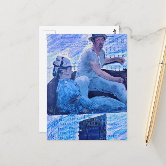 Die Bootsfahrt Mixed-Media-Collage Mann und Frau Postkarte (Vorderseite/Rückseite Beispiel)