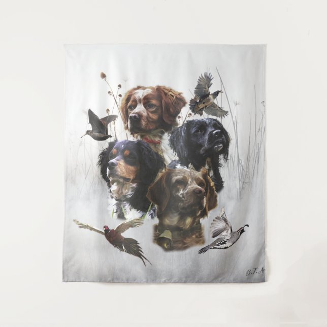 Die Bretagne-Spaniels, die Vogeljagdsaison Wandteppich (Vorderseite)