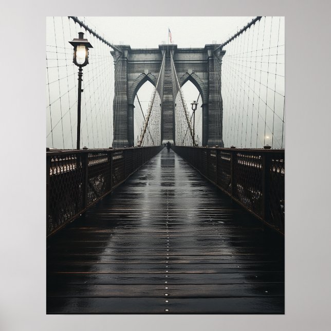 Die Brooklyn-Brücke in Schwarz-Weiß im Nebel Poster (Vorne)