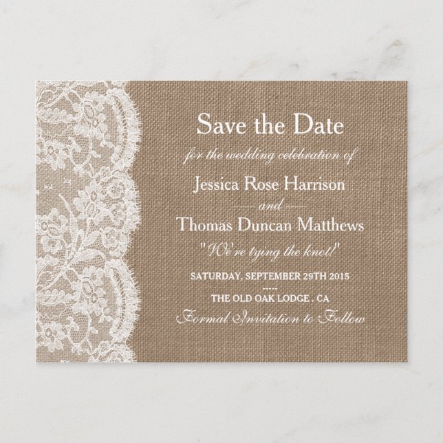 Die Burlap & Lace Wedding Collection Save the Date Ankündigungspostkarte (Vorderseite)
