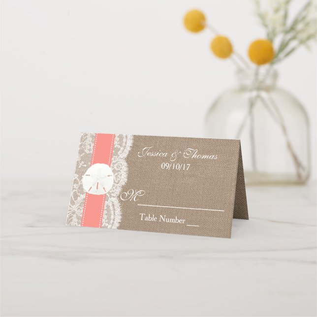 Die Coral Sand Dollar Beach Wedding Collection Platzkarte (Vorderseite)