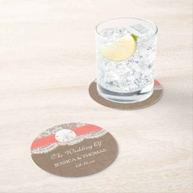 Die Coral Sand Dollar Beach Wedding Collection Runder Pappuntersetzer (Vor Ort)