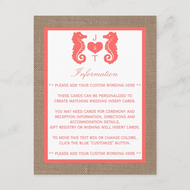 Die Coral Seahors Burlap Beach Wedding Collection Begleitkarte (Vorderseite)