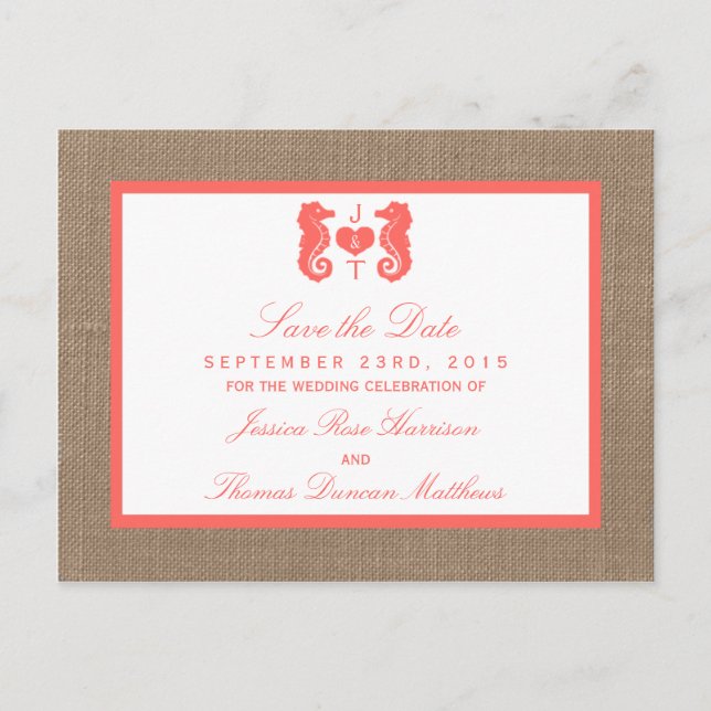 Die Coral Seepferd Burlap Beach Wedding Collection Ankündigungspostkarte (Vorderseite)