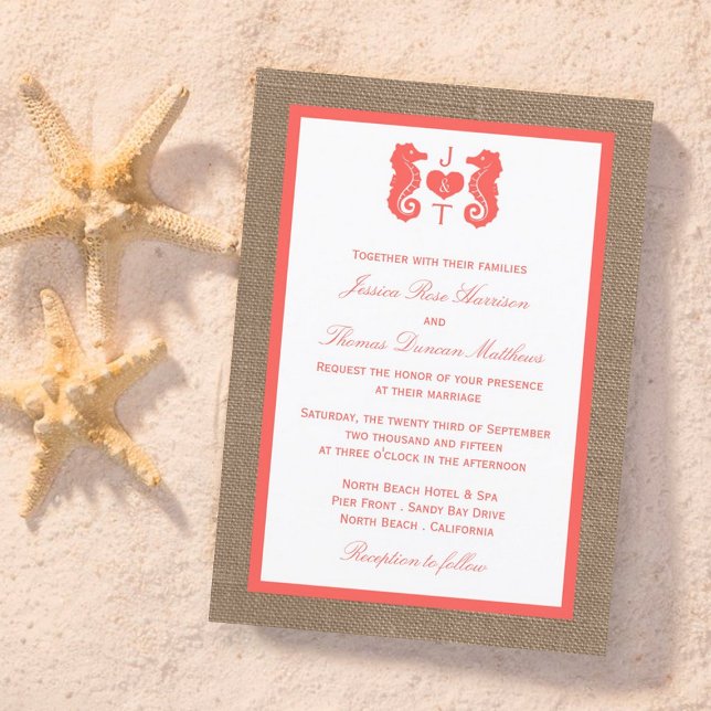 Die Coral Seepferd Burlap Beach Wedding Collection Einladung (Von Creator hochgeladen)