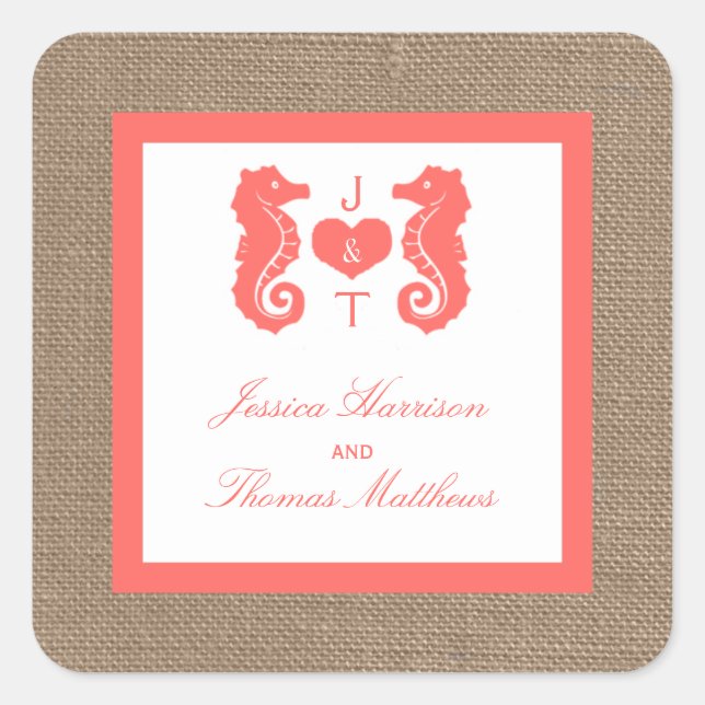 Die Coral Seepferd Burlap Beach Wedding Collection Quadratischer Aufkleber (Vorderseite)