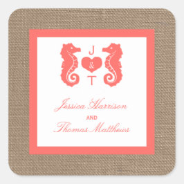 Die Coral Seepferd Burlap Beach Wedding Collection Quadratischer Aufkleber