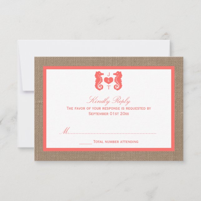 Die Coral Seepferd Burlap Beach Wedding Collection RSVP Karte (Vorderseite)