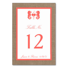 Die Coral Seepferd Burlap Beach Wedding Collection Tischnummer