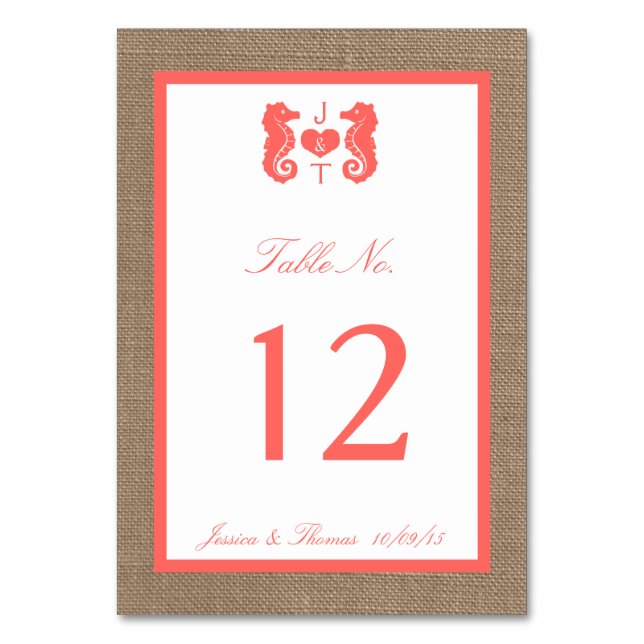 Die Coral Seepferd Burlap Beach Wedding Collection Tischnummer (Vorderseite)