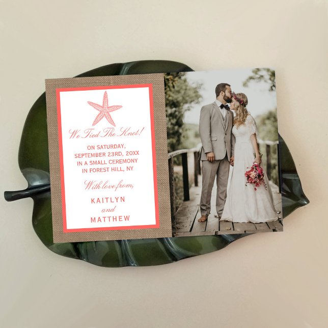 Die Coral Starfish Burlap Beach Wedding Collection Ankündigung (Von Creator hochgeladen)