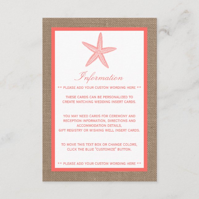 Die Coral Starfish Burlap Beach Wedding Collection Begleitkarte (Vorderseite)