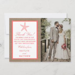 Die Coral Starfish Burlap Beach Wedding Collection Dankeskarte