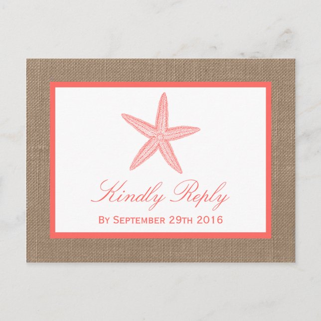Die Coral Starfish Burlap Beach Wedding Collection Einladungspostkarte (Vorderseite)