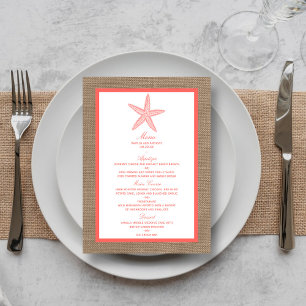 Die Coral Starfish Burlap Beach Wedding Collection Menükarte