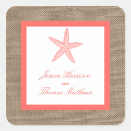 Die Coral Starfish Burlap Beach Wedding Collection Quadratischer Aufkleber