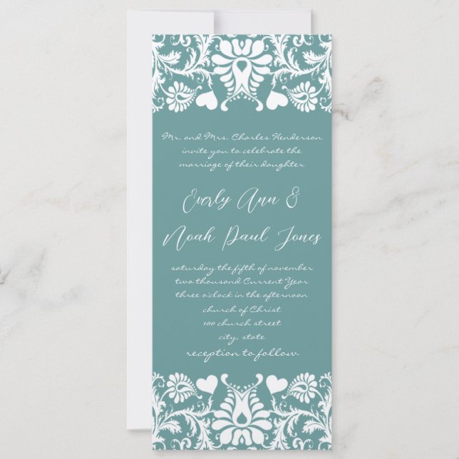 Die Cut Aqua Blue Mariage damassé Invitation (Devant)