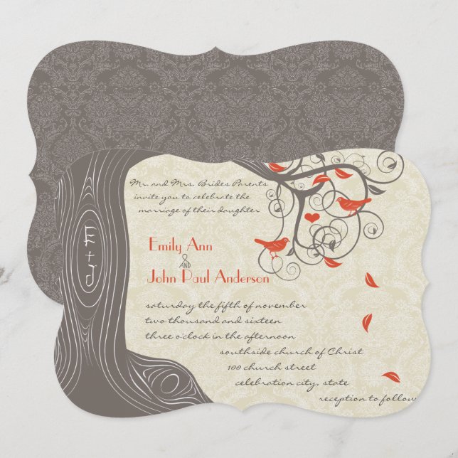 Die Cut Coral Tree Birds Hochzeitseinladungen Einladung (Vorne/Hinten)