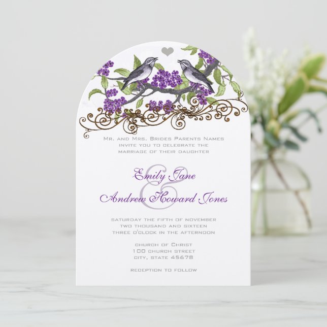 Die Cut Lila Graue Liebesvögel Hochzeit Einladung (Stehend Vorderseite)