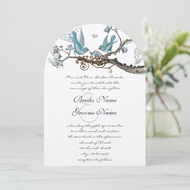 Die Cut Lovebird Aqua & Pink Wedding Einladung (Stehend Vorderseite)